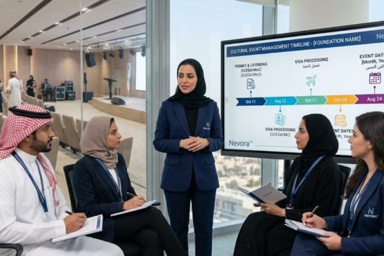 Consultant preparing conference permit application for a cultural seminar in Saudi Arabia